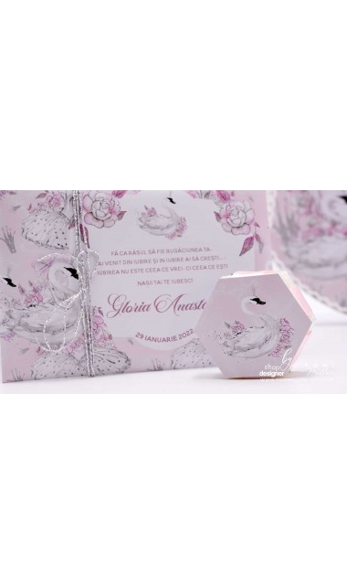 Trusou de botez cu lebede si motive florale personalizat pentru fete, Lebada alba 26